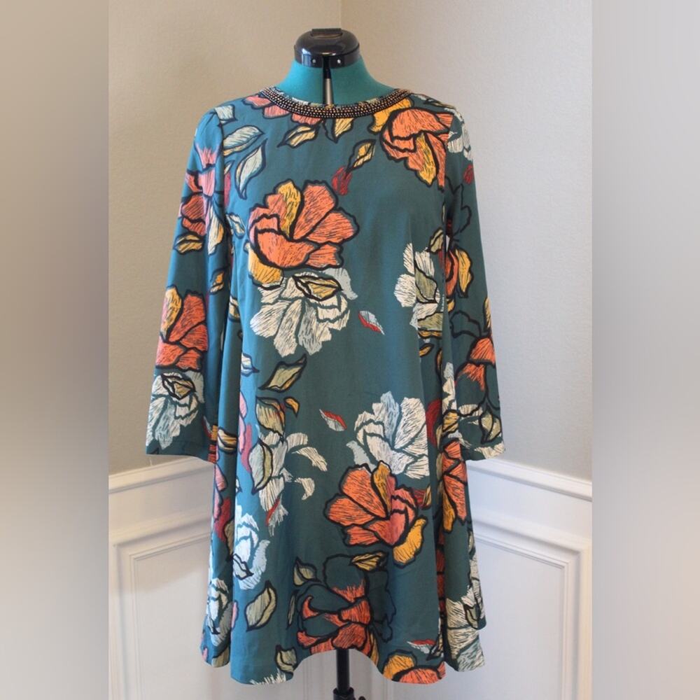 Maeve Anthropologie Teal Floral Dress Beaded Neckline | Women’s Medium | Mini - Picture 2 of 10